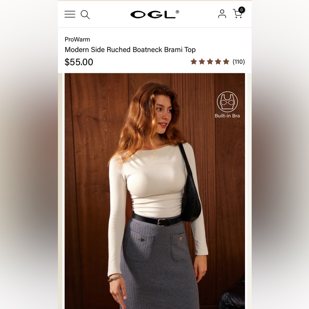 NWT OGL ProWarm Side Ruched Boatneck Brami Long Sleeve Top - Morning Mist